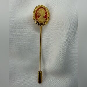 Vintage Cameo Lapel Stick Scarf Blazer Pin Lady Portrait Gold Tone Jewelry Gift